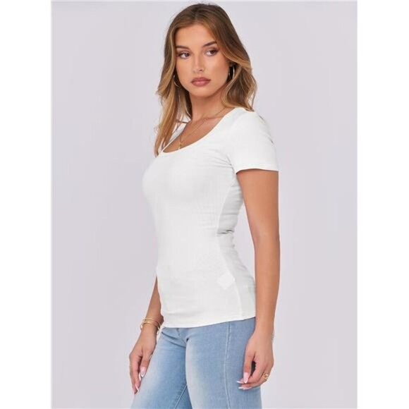 ANRABESS Ribbed Scoop Neck Short Sleeve Slim Fit Tee Womens Summer Top - Picture 5 of 7